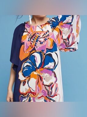 Maeve Blue Floral Print Dress with Dolman Sleeves and Asymmetrical Neckline - M